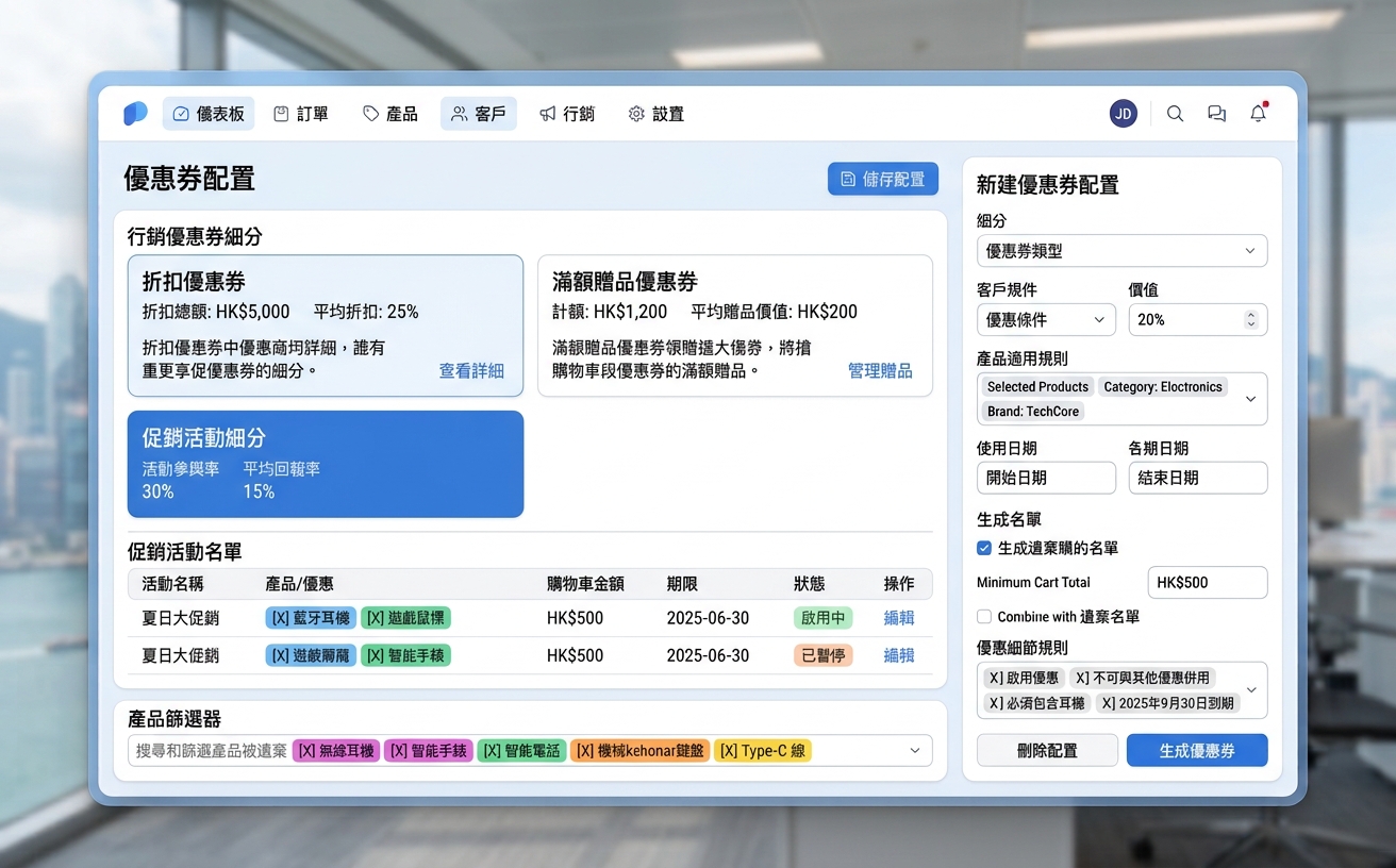 後台優惠碼同折扣設定示意